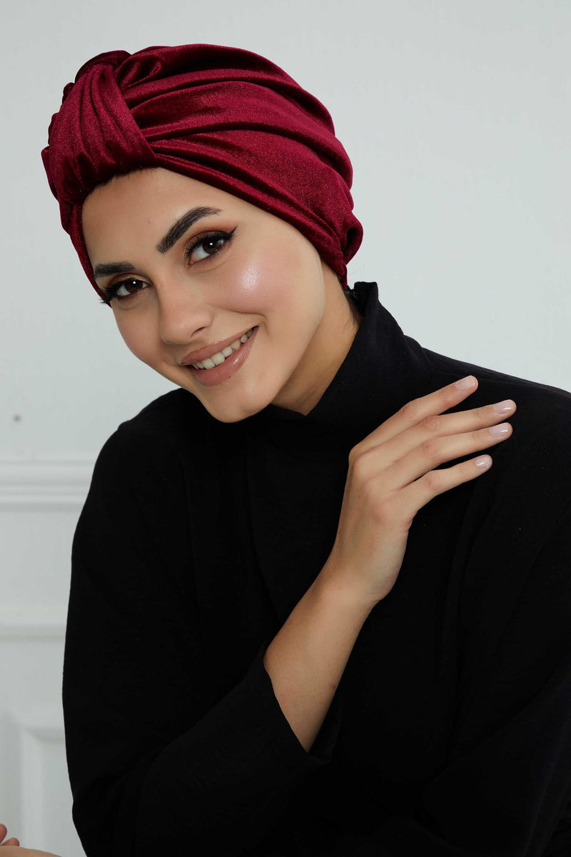 Glamour Knot Velvet Pre-Tied Turban, Super Soft Handmade Instant Turban Head Cover for Women, Velvet Winter Hat, Comfy Chemo Headwear,B-68K Maroon