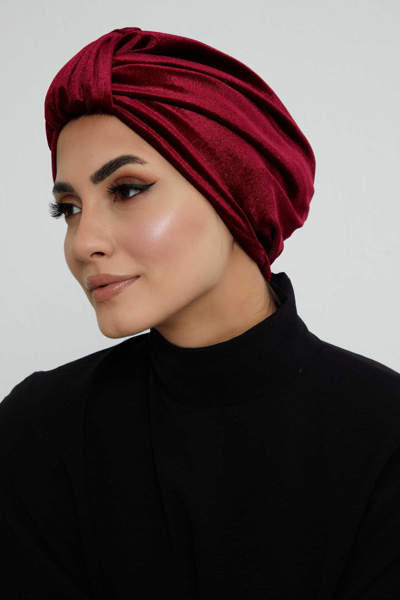 Glamour Knot Velvet Pre-Tied Turban, Super Soft Handmade Instant Turban Head Cover for Women, Velvet Winter Hat, Comfy Chemo Headwear,B-68K Maroon