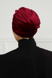 Glamour Knot Velvet Pre-Tied Turban, Super Soft Handmade Instant Turban Head Cover for Women, Velvet Winter Hat, Comfy Chemo Headwear,B-68K Maroon