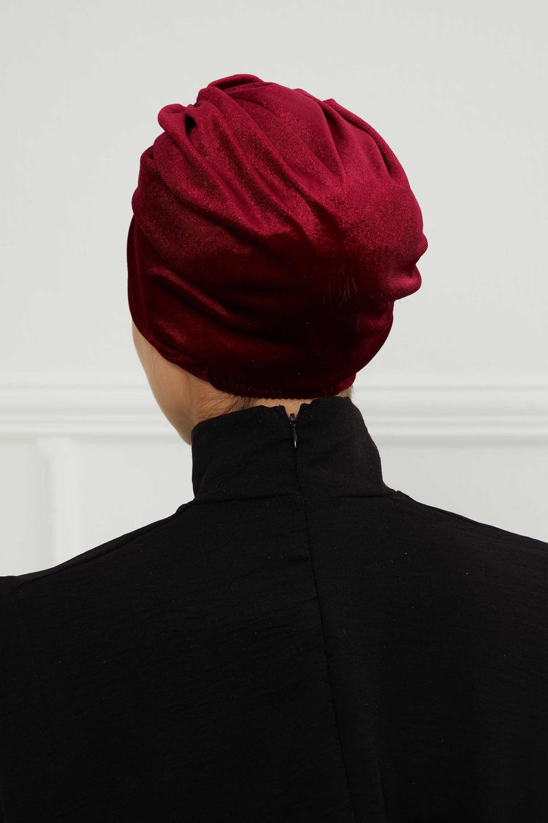 Glamour Knot Velvet Pre-Tied Turban, Super Soft Handmade Instant Turban Head Cover for Women, Velvet Winter Hat, Comfy Chemo Headwear,B-68K Maroon