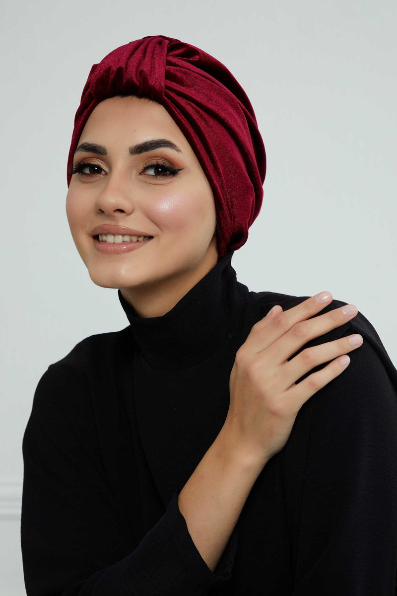 Glamour Knot Velvet Pre-Tied Turban, Super Soft Handmade Instant Turban Head Cover for Women, Velvet Winter Hat, Comfy Chemo Headwear,B-68K Maroon