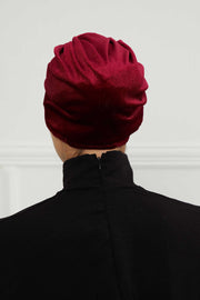 Glamour Knot Velvet Pre-Tied Turban, Super Soft Handmade Instant Turban Head Cover for Women, Velvet Winter Hat, Comfy Chemo Headwear,B-68K Maroon