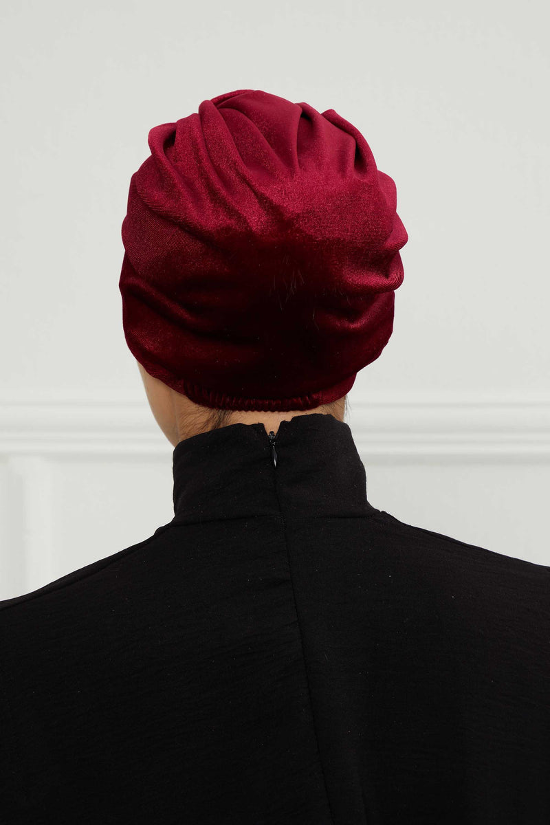 Glamour Knot Velvet Pre-Tied Turban, Super Soft Handmade Instant Turban Head Cover for Women, Velvet Winter Hat, Comfy Chemo Headwear,B-68K Maroon