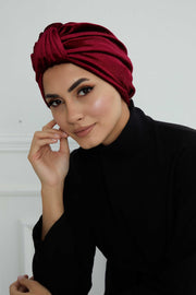 Glamour Knot Velvet Pre-Tied Turban, Super Soft Handmade Instant Turban Head Cover for Women, Velvet Winter Hat, Comfy Chemo Headwear,B-68K Maroon