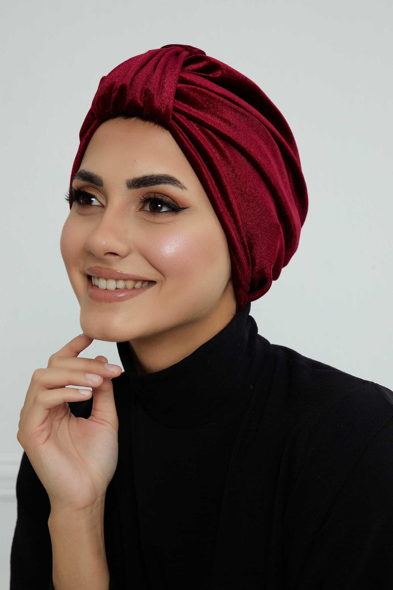 Glamour Knot Velvet Pre-Tied Turban, Super Soft Handmade Instant Turban Head Cover for Women, Velvet Winter Hat, Comfy Chemo Headwear,B-68K Maroon