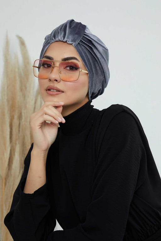 Glamour Knot Velvet Pre-Tied Turban, Super Soft Handmade Instant Turban Head Cover for Women, Velvet Winter Hat, Comfy Chemo Headwear,B-68K Grey