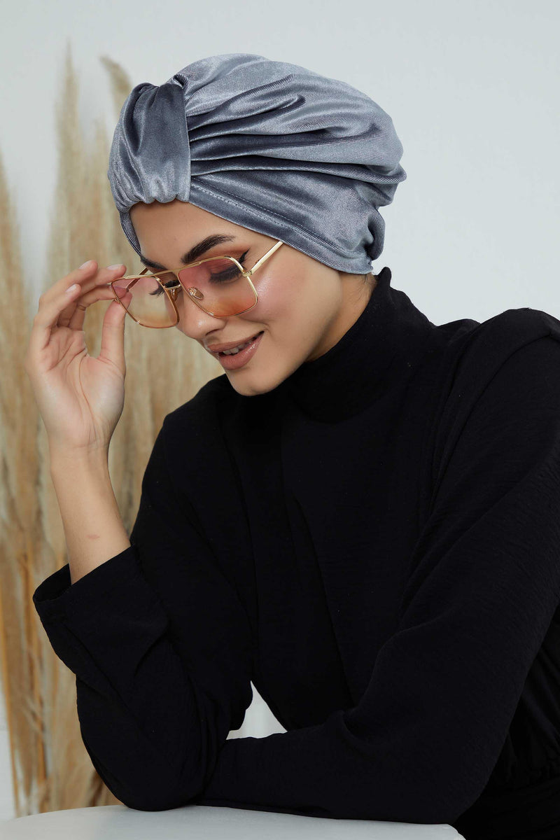 Glamour Knot Velvet Pre-Tied Turban, Super Soft Handmade Instant Turban Head Cover for Women, Velvet Winter Hat, Comfy Chemo Headwear,B-68K Grey