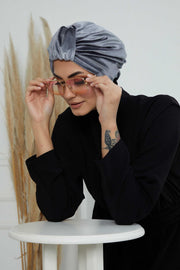 Glamour Knot Velvet Pre-Tied Turban, Super Soft Handmade Instant Turban Head Cover for Women, Velvet Winter Hat, Comfy Chemo Headwear,B-68K Grey