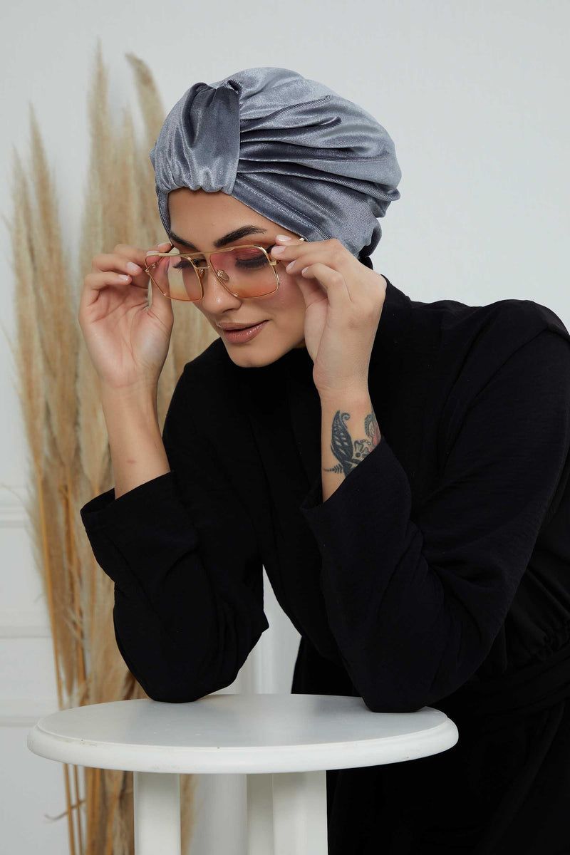 Glamour Knot Velvet Pre-Tied Turban, Super Soft Handmade Instant Turban Head Cover for Women, Velvet Winter Hat, Comfy Chemo Headwear,B-68K Grey