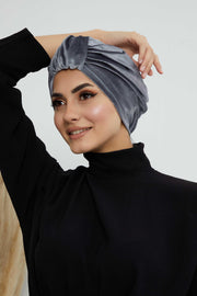 Glamour Knot Velvet Pre-Tied Turban, Super Soft Handmade Instant Turban Head Cover for Women, Velvet Winter Hat, Comfy Chemo Headwear,B-68K Grey