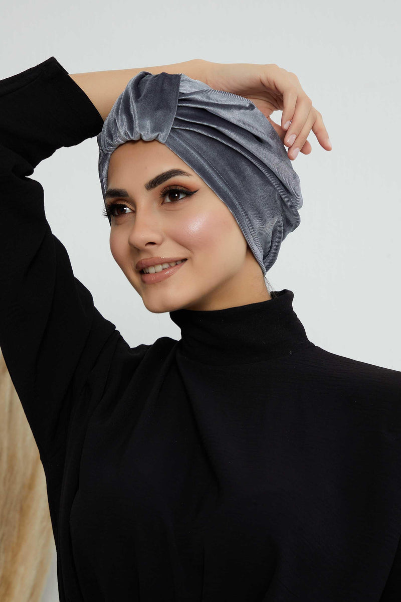 Glamour Knot Velvet Pre-Tied Turban, Super Soft Handmade Instant Turban Head Cover for Women, Velvet Winter Hat, Comfy Chemo Headwear,B-68K Grey