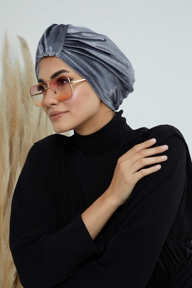 Glamour Knot Velvet Pre-Tied Turban, Super Soft Handmade Instant Turban Head Cover for Women, Velvet Winter Hat, Comfy Chemo Headwear,B-68K Grey