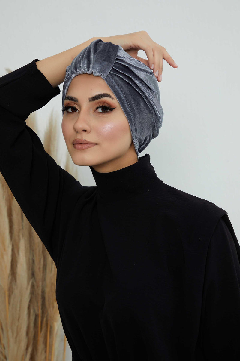 Glamour Knot Velvet Pre-Tied Turban, Super Soft Handmade Instant Turban Head Cover for Women, Velvet Winter Hat, Comfy Chemo Headwear,B-68K Grey