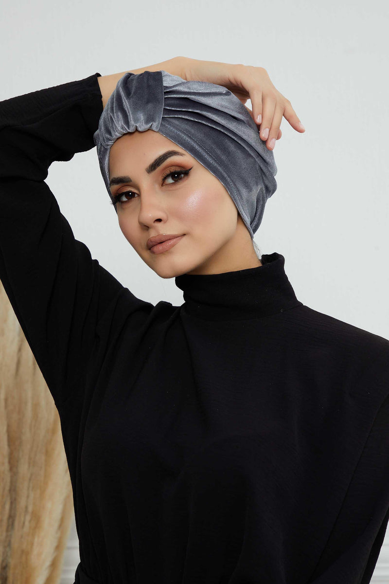 Glamour Knot Velvet Pre-Tied Turban, Super Soft Handmade Instant Turban Head Cover for Women, Velvet Winter Hat, Comfy Chemo Headwear,B-68K Grey