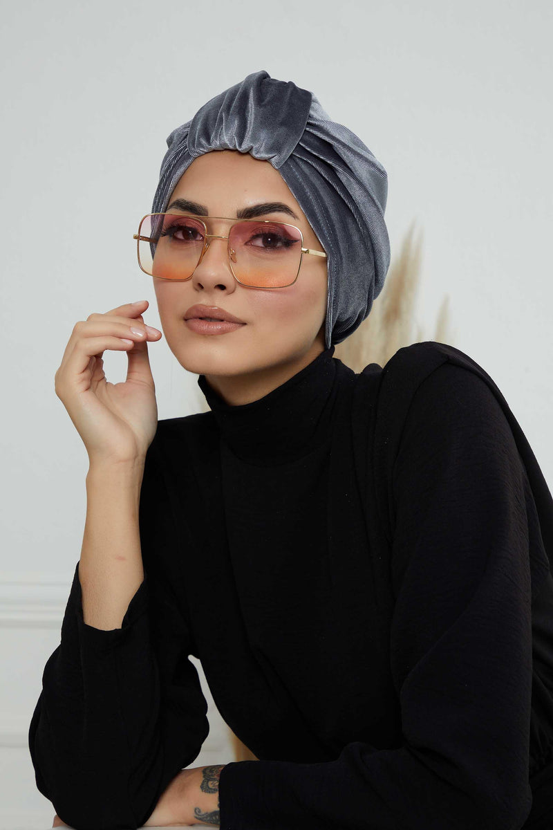 Glamour Knot Velvet Pre-Tied Turban, Super Soft Handmade Instant Turban Head Cover for Women, Velvet Winter Hat, Comfy Chemo Headwear,B-68K Grey