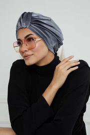 Glamour Knot Velvet Pre-Tied Turban, Super Soft Handmade Instant Turban Head Cover for Women, Velvet Winter Hat, Comfy Chemo Headwear,B-68K Grey