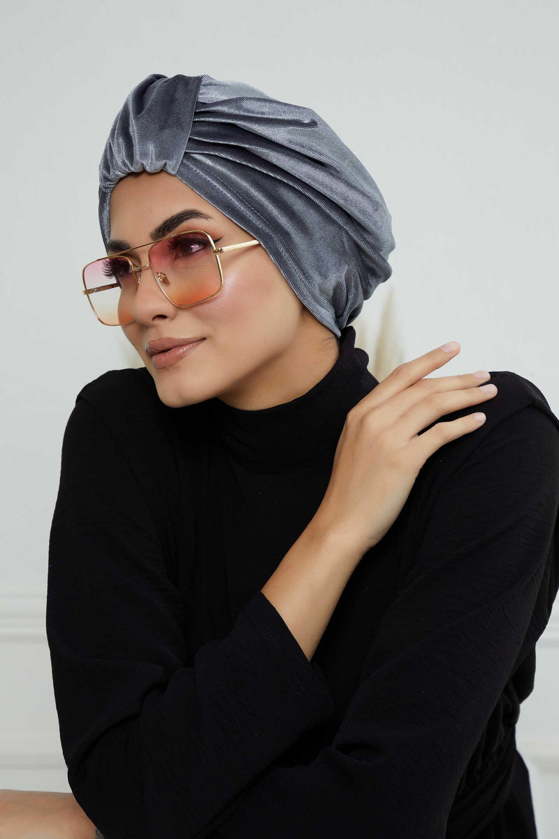 Glamour Knot Velvet Pre-Tied Turban, Super Soft Handmade Instant Turban Head Cover for Women, Velvet Winter Hat, Comfy Chemo Headwear,B-68K Grey