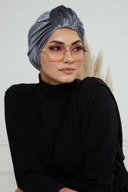Glamour Knot Velvet Pre-Tied Turban, Super Soft Handmade Instant Turban Head Cover for Women, Velvet Winter Hat, Comfy Chemo Headwear,B-68K Grey