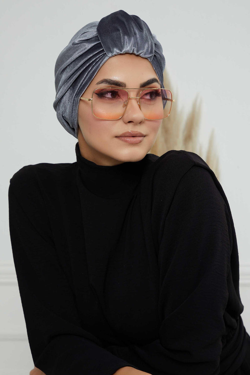 Glamour Knot Velvet Pre-Tied Turban, Super Soft Handmade Instant Turban Head Cover for Women, Velvet Winter Hat, Comfy Chemo Headwear,B-68K Grey