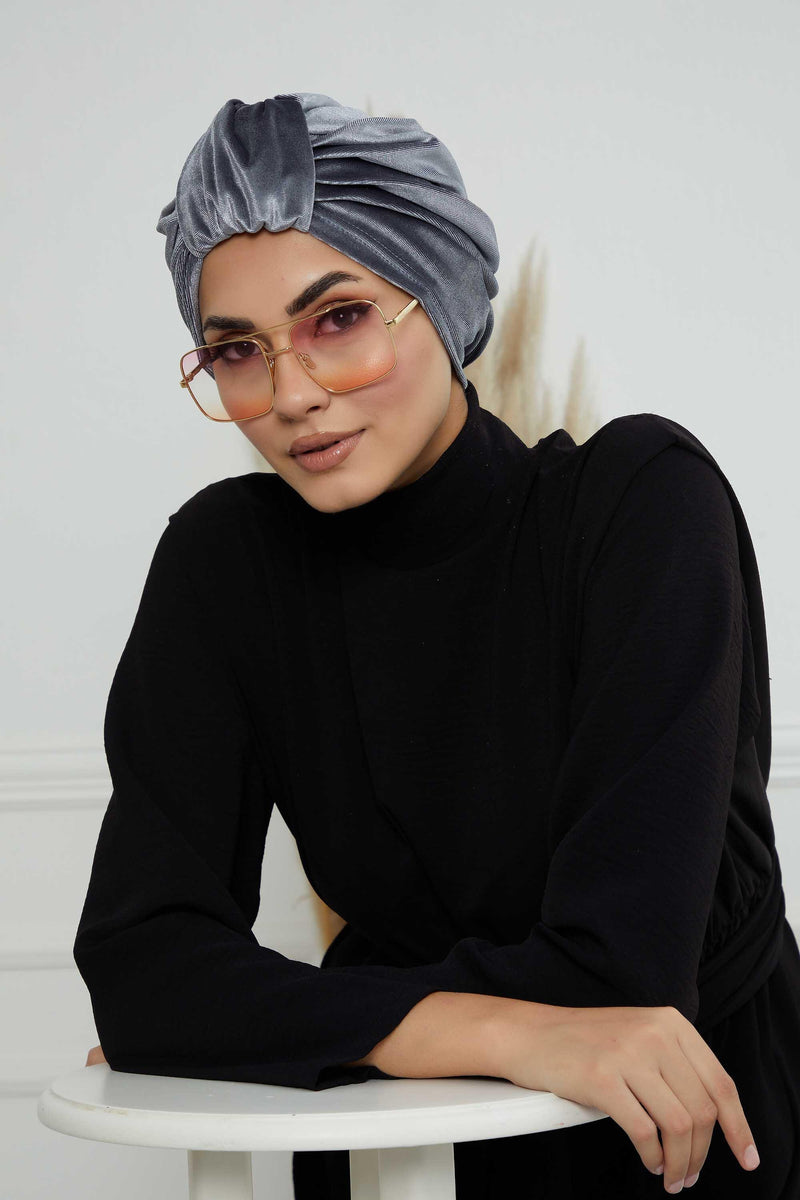 Glamour Knot Velvet Pre-Tied Turban, Super Soft Handmade Instant Turban Head Cover for Women, Velvet Winter Hat, Comfy Chemo Headwear,B-68K Grey