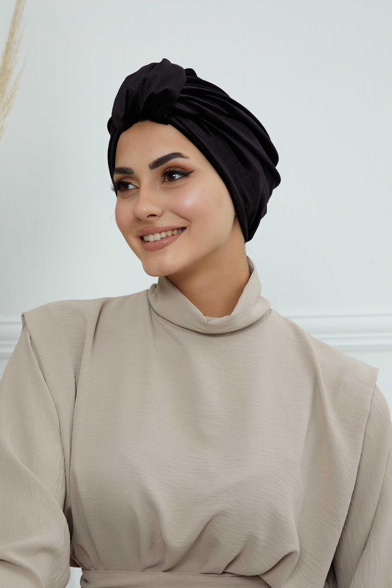 Glamour Knot Velvet Pre-Tied Turban, Super Soft Handmade Instant Turban Head Cover for Women, Velvet Winter Hat, Comfy Chemo Headwear,B-68K Black