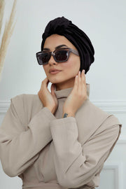 Glamour Knot Velvet Pre-Tied Turban, Super Soft Handmade Instant Turban Head Cover for Women, Velvet Winter Hat, Comfy Chemo Headwear,B-68K Black