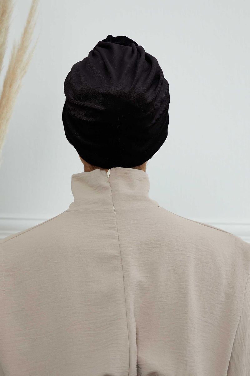 Glamour Knot Velvet Pre-Tied Turban, Super Soft Handmade Instant Turban Head Cover for Women, Velvet Winter Hat, Comfy Chemo Headwear,B-68K Black
