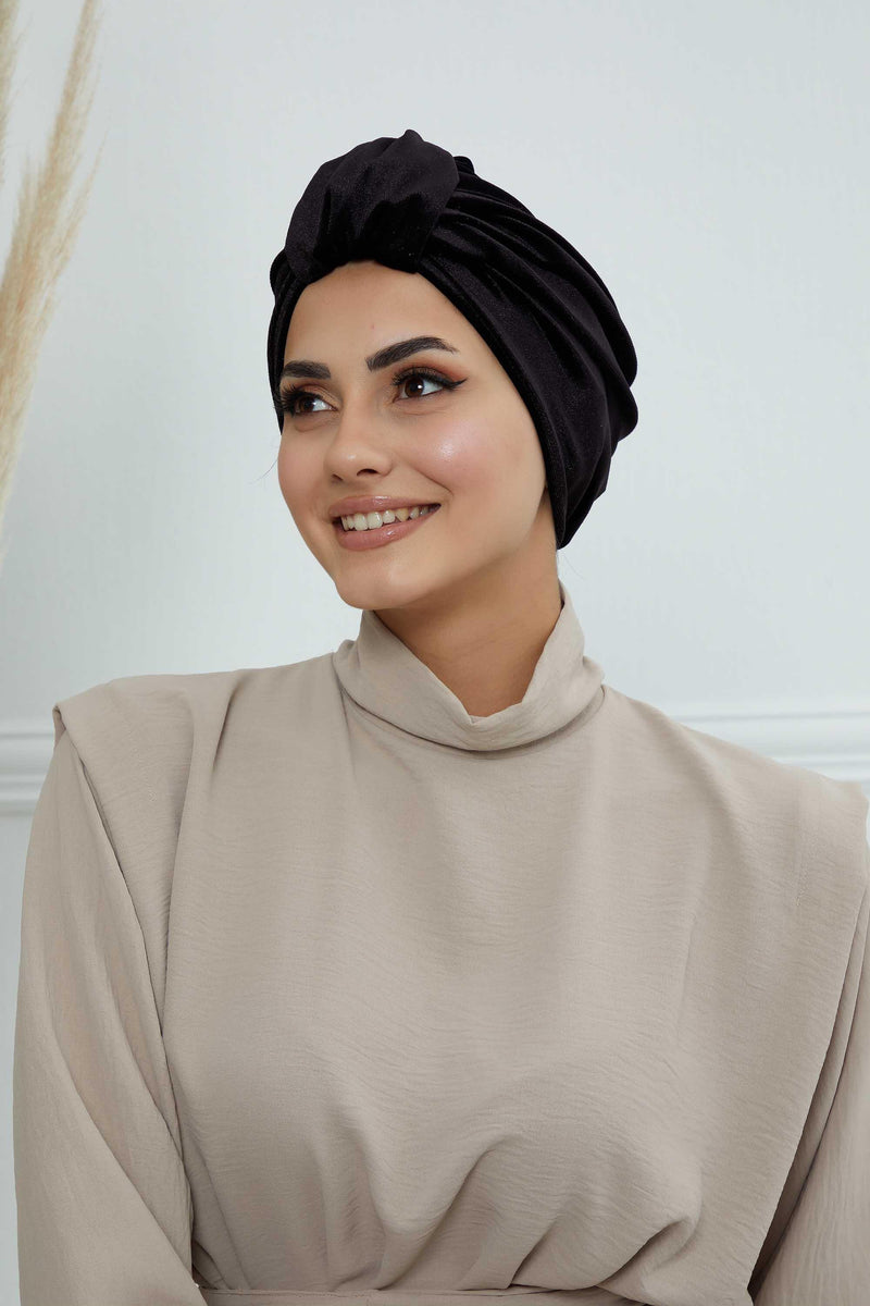 Glamour Knot Velvet Pre-Tied Turban, Super Soft Handmade Instant Turban Head Cover for Women, Velvet Winter Hat, Comfy Chemo Headwear,B-68K Black