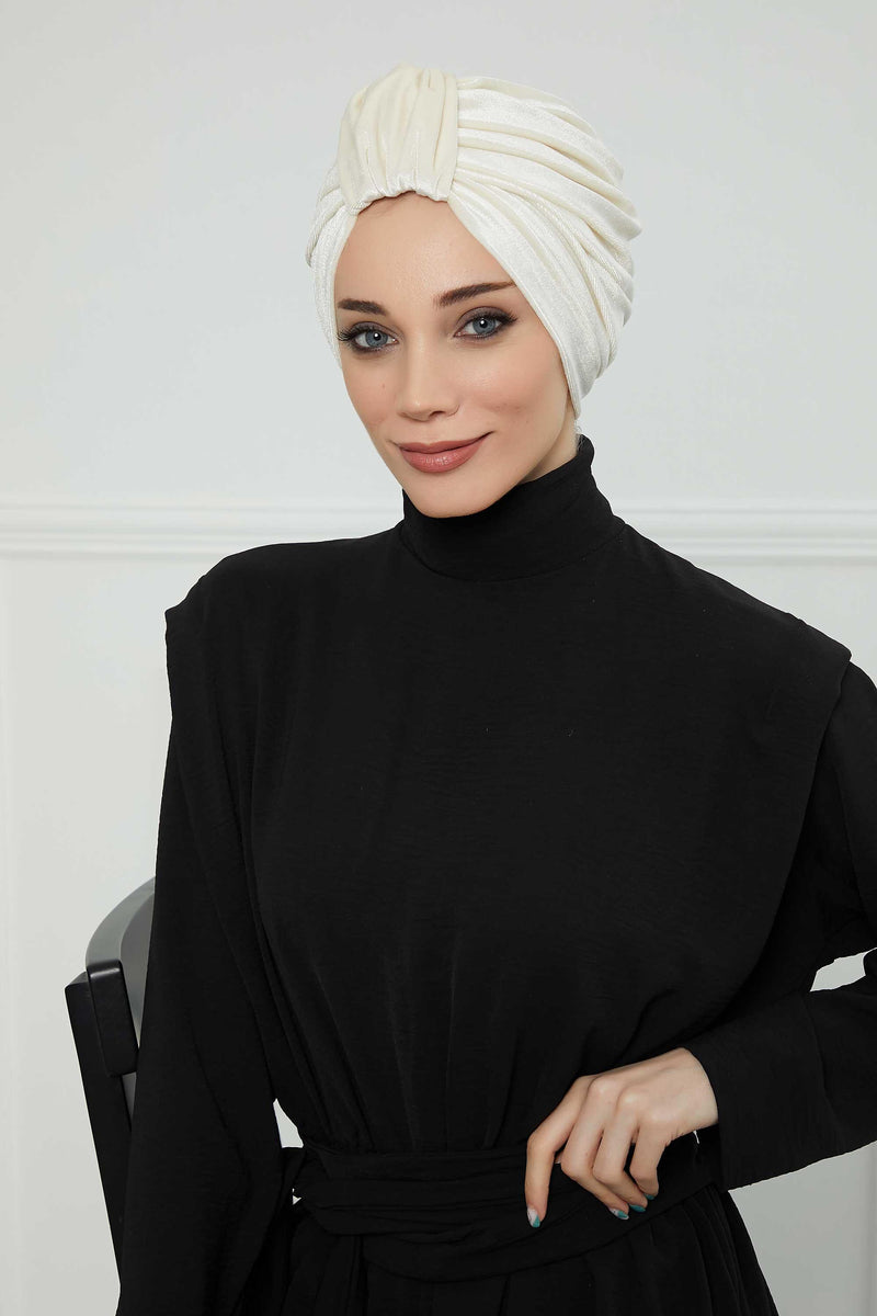 Glamour Knot Velvet Pre-Tied Turban, Super Soft Handmade Instant Turban Head Cover for Women, Velvet Winter Hat, Comfy Chemo Headwear,B-68K Ivory