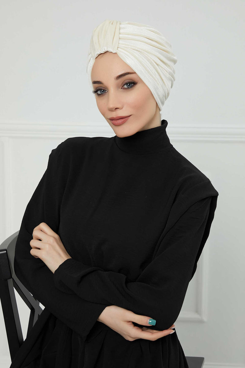 Glamour Knot Velvet Pre-Tied Turban, Super Soft Handmade Instant Turban Head Cover for Women, Velvet Winter Hat, Comfy Chemo Headwear,B-68K Ivory