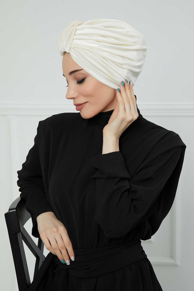 Glamour Knot Velvet Pre-Tied Turban, Super Soft Handmade Instant Turban Head Cover for Women, Velvet Winter Hat, Comfy Chemo Headwear,B-68K Ivory