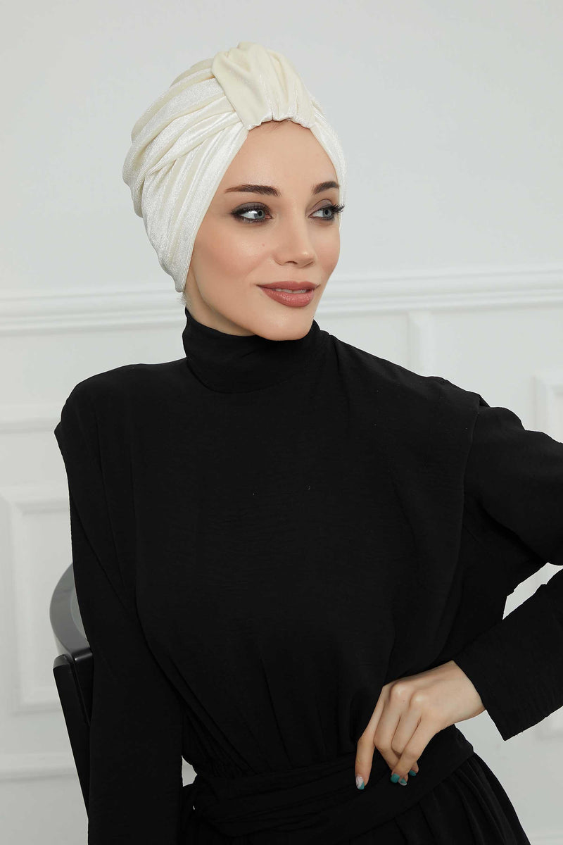 Glamour Knot Velvet Pre-Tied Turban, Super Soft Handmade Instant Turban Head Cover for Women, Velvet Winter Hat, Comfy Chemo Headwear,B-68K Ivory