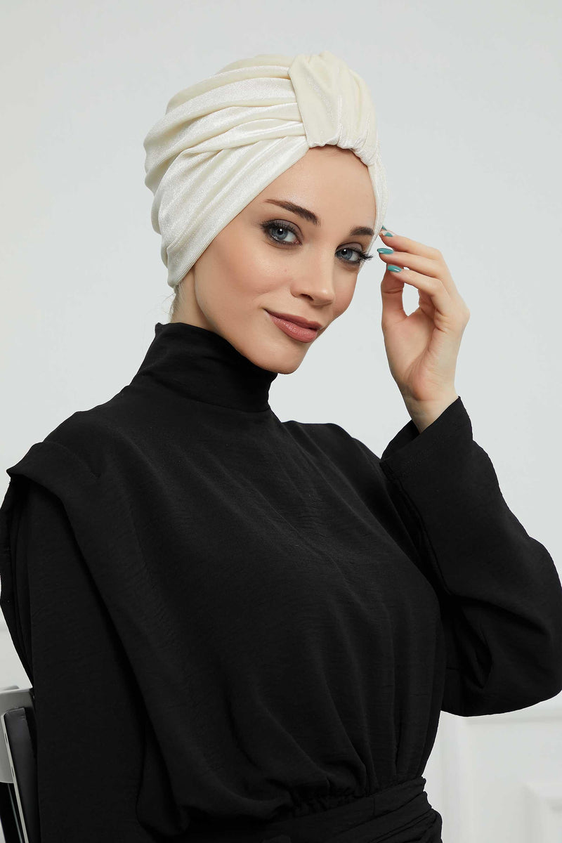 Glamour Knot Velvet Pre-Tied Turban, Super Soft Handmade Instant Turban Head Cover for Women, Velvet Winter Hat, Comfy Chemo Headwear,B-68K Ivory