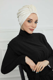 Glamour Knot Velvet Pre-Tied Turban, Super Soft Handmade Instant Turban Head Cover for Women, Velvet Winter Hat, Comfy Chemo Headwear,B-68K Ivory