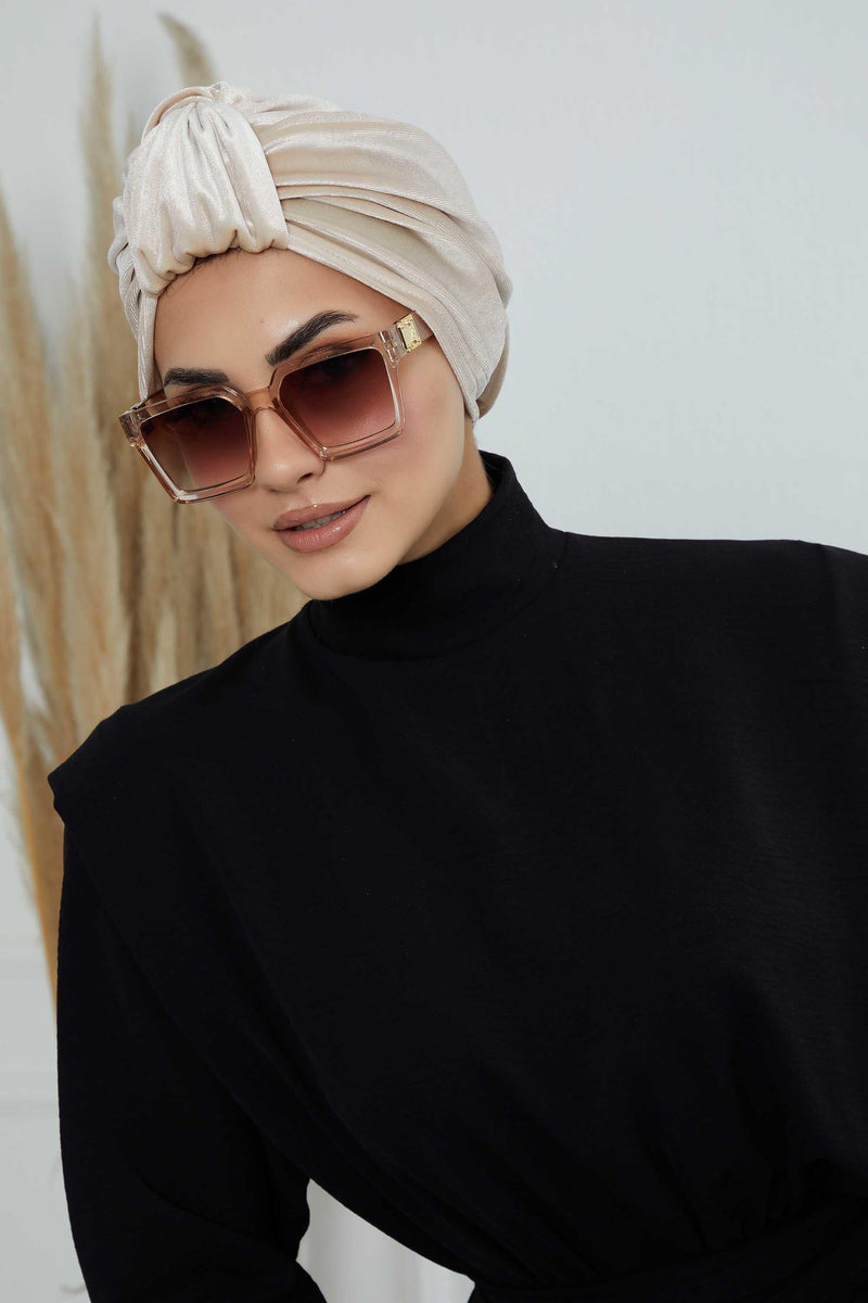 Glamour Knot Velvet Pre-Tied Turban, Super Soft Handmade Instant Turban Head Cover for Women, Velvet Winter Hat, Comfy Chemo Headwear,B-68K Beige