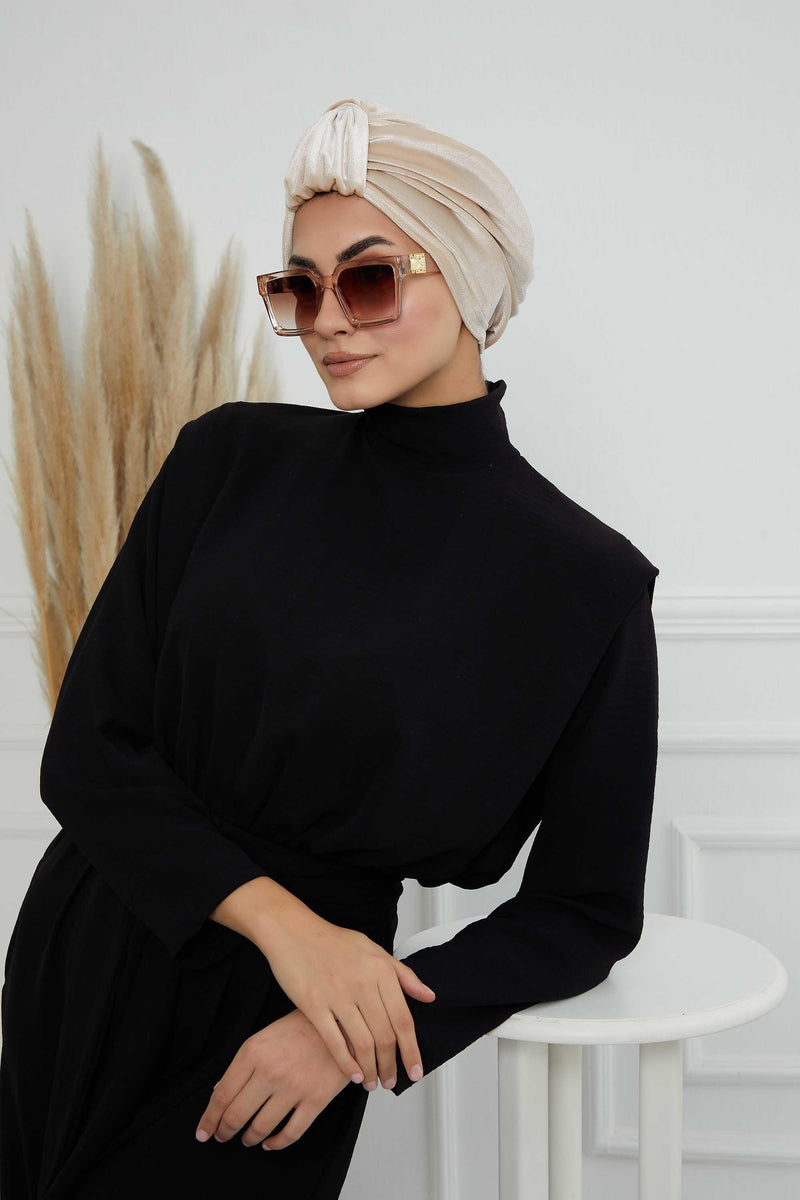 Glamour Knot Velvet Pre-Tied Turban, Super Soft Handmade Instant Turban Head Cover for Women, Velvet Winter Hat, Comfy Chemo Headwear,B-68K Beige