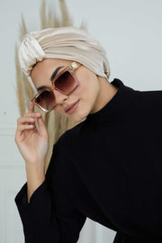 Glamour Knot Velvet Pre-Tied Turban, Super Soft Handmade Instant Turban Head Cover for Women, Velvet Winter Hat, Comfy Chemo Headwear,B-68K Beige