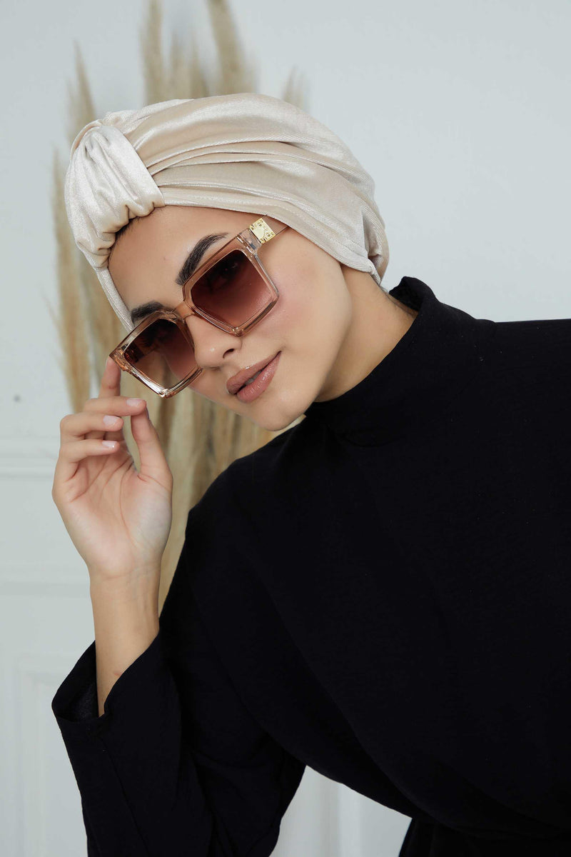 Glamour Knot Velvet Pre-Tied Turban, Super Soft Handmade Instant Turban Head Cover for Women, Velvet Winter Hat, Comfy Chemo Headwear,B-68K Beige