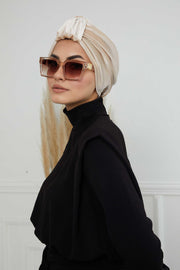 Glamour Knot Velvet Pre-Tied Turban, Super Soft Handmade Instant Turban Head Cover for Women, Velvet Winter Hat, Comfy Chemo Headwear,B-68K Beige