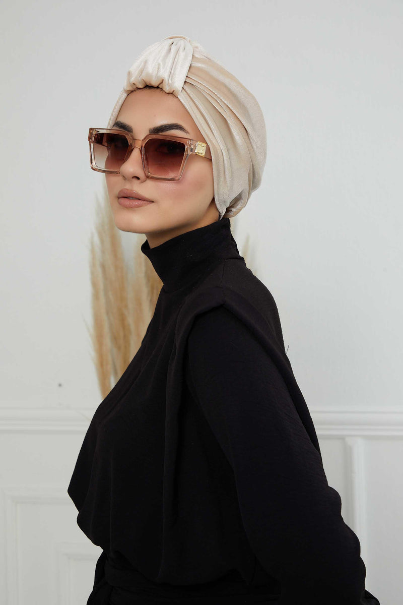 Glamour Knot Velvet Pre-Tied Turban, Super Soft Handmade Instant Turban Head Cover for Women, Velvet Winter Hat, Comfy Chemo Headwear,B-68K Beige