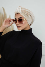 Glamour Knot Velvet Pre-Tied Turban, Super Soft Handmade Instant Turban Head Cover for Women, Velvet Winter Hat, Comfy Chemo Headwear,B-68K Beige