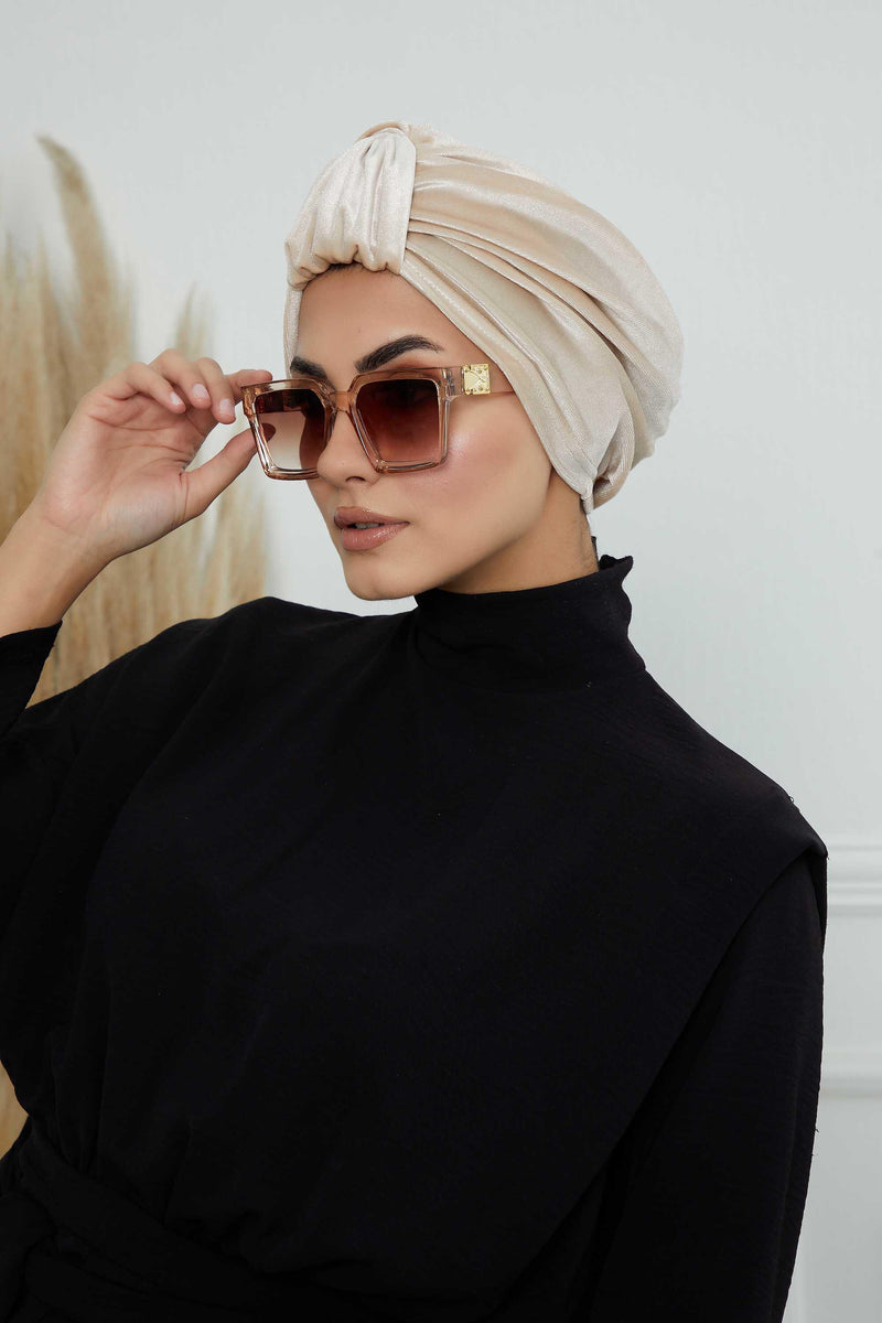 Glamour Knot Velvet Pre-Tied Turban, Super Soft Handmade Instant Turban Head Cover for Women, Velvet Winter Hat, Comfy Chemo Headwear,B-68K Beige