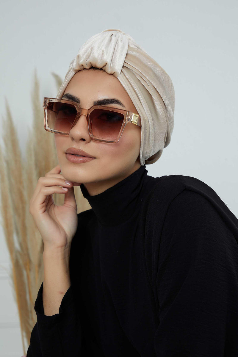 Glamour Knot Velvet Pre-Tied Turban, Super Soft Handmade Instant Turban Head Cover for Women, Velvet Winter Hat, Comfy Chemo Headwear,B-68K Beige