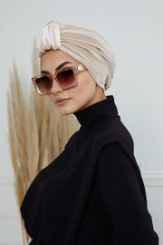 Glamour Knot Velvet Pre-Tied Turban, Super Soft Handmade Instant Turban Head Cover for Women, Velvet Winter Hat, Comfy Chemo Headwear,B-68K Beige