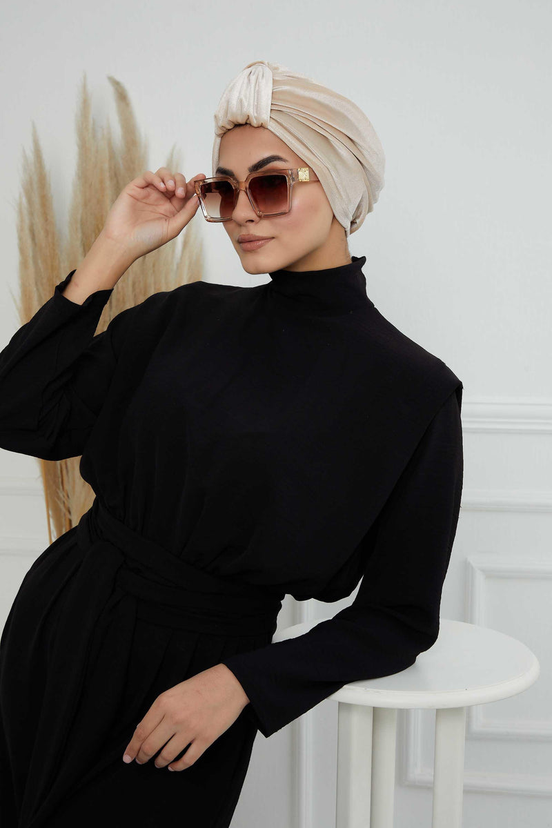 Glamour Knot Velvet Pre-Tied Turban, Super Soft Handmade Instant Turban Head Cover for Women, Velvet Winter Hat, Comfy Chemo Headwear,B-68K Beige