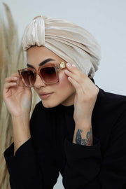 Glamour Knot Velvet Pre-Tied Turban, Super Soft Handmade Instant Turban Head Cover for Women, Velvet Winter Hat, Comfy Chemo Headwear,B-68K Beige