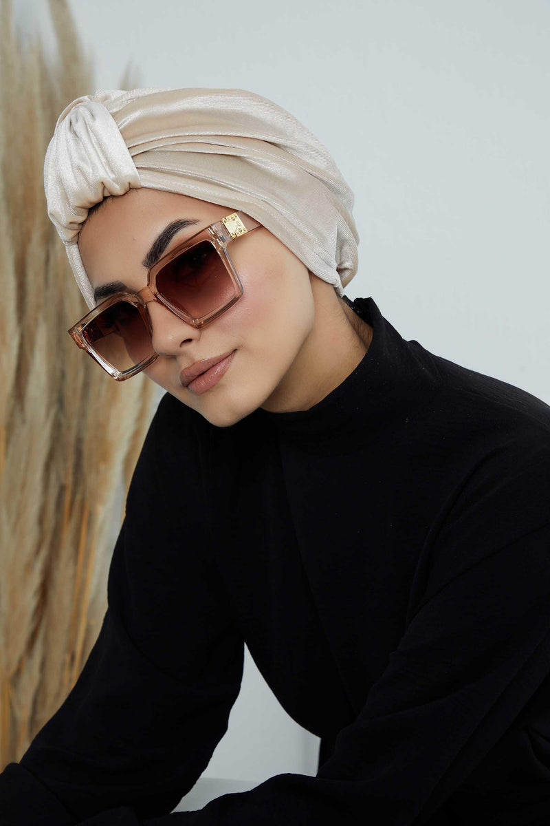 Glamour Knot Velvet Pre-Tied Turban, Super Soft Handmade Instant Turban Head Cover for Women, Velvet Winter Hat, Comfy Chemo Headwear,B-68K Beige