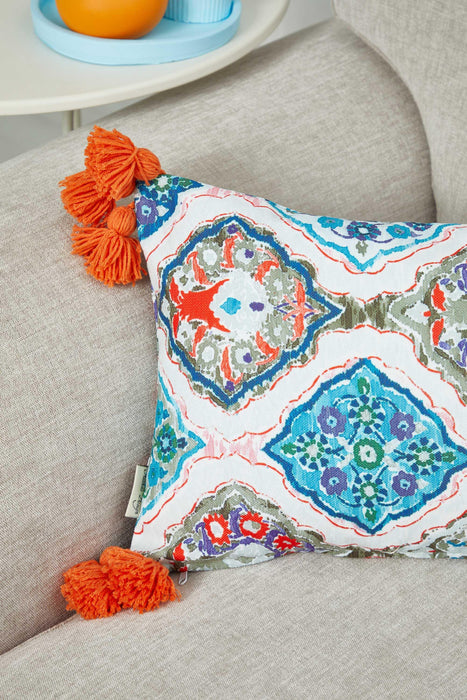 Global-Inspired Mosaic Throw Pillow Cover with Colorful Tassel Embellishments, Ornate Medallion Pillow Cover in Vibrant Mosaic Pattern,K-359