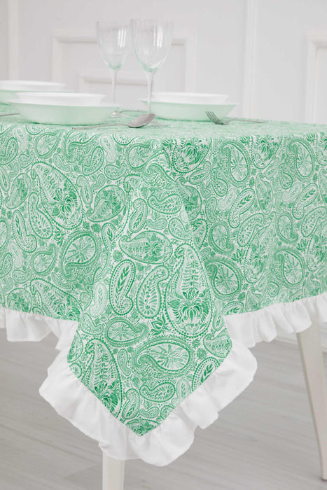 Green Washable Wipeable Table Cloth with Frilled Edges,M-14K