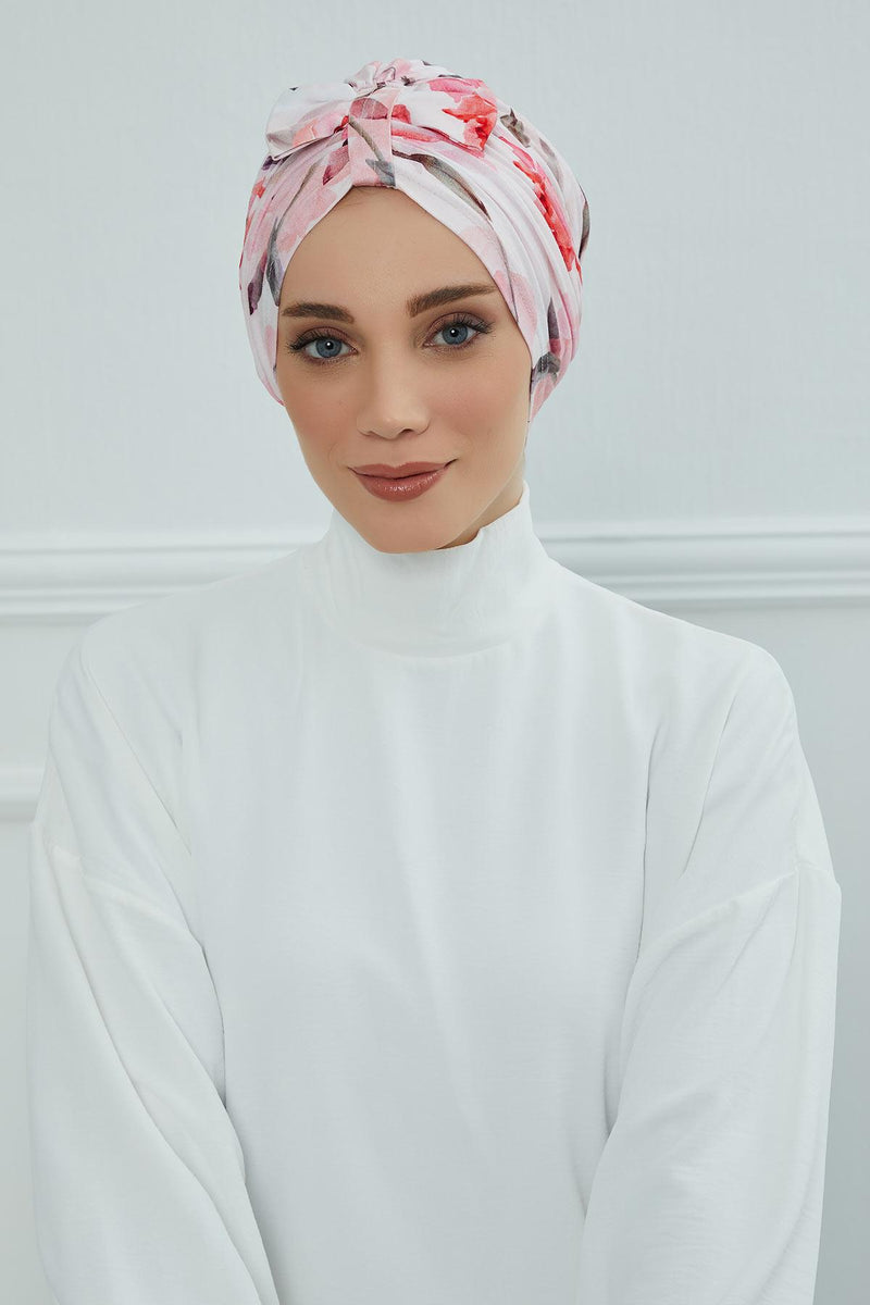 Handmade Instant Turban Bonnet Cap with Bow Tie on the Front Side, Fashionable Cotton Head Wrap Lightweight Head Scarf with Bow Tie,B-7YD